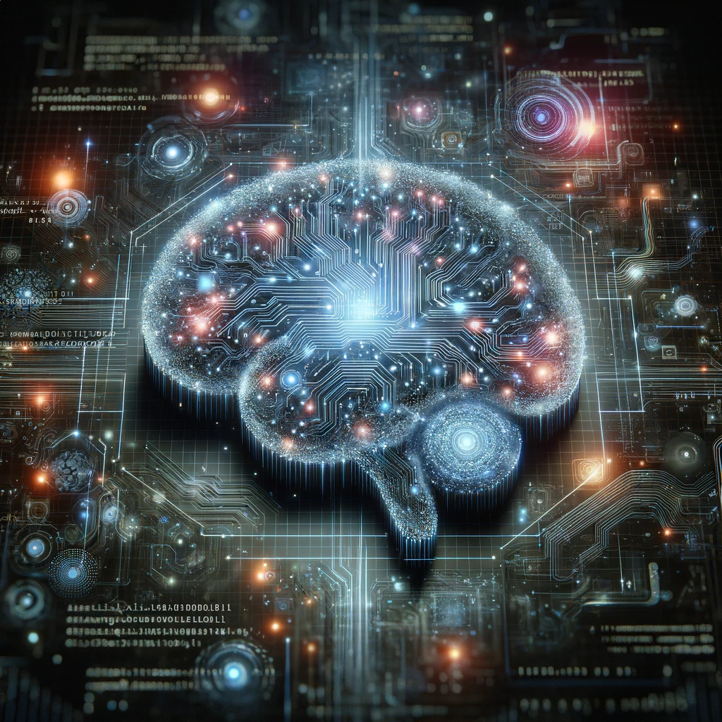 DALL·E 2024-05-03 13.50.30 - A futuristic artificial intelligence concept, depicting an AI brain composed of digital circuits and glowing neural networks. The AI brain is central