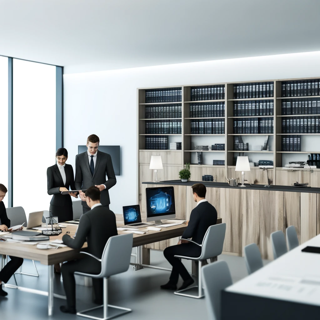 DALL·E 2024-05-03 22.56.08 - A modern, well-equipped law office showing a professional team at work. The scene includes a large, bright room with contemporary furniture. Several l